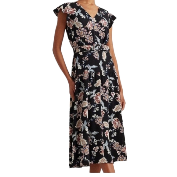 Lauren Ralph Lauren Dresses & Skirts - SALE Lauren Ralph Lauren Crepe Floral Midi Dress Flowy Boho Cap Sleeves Size 4